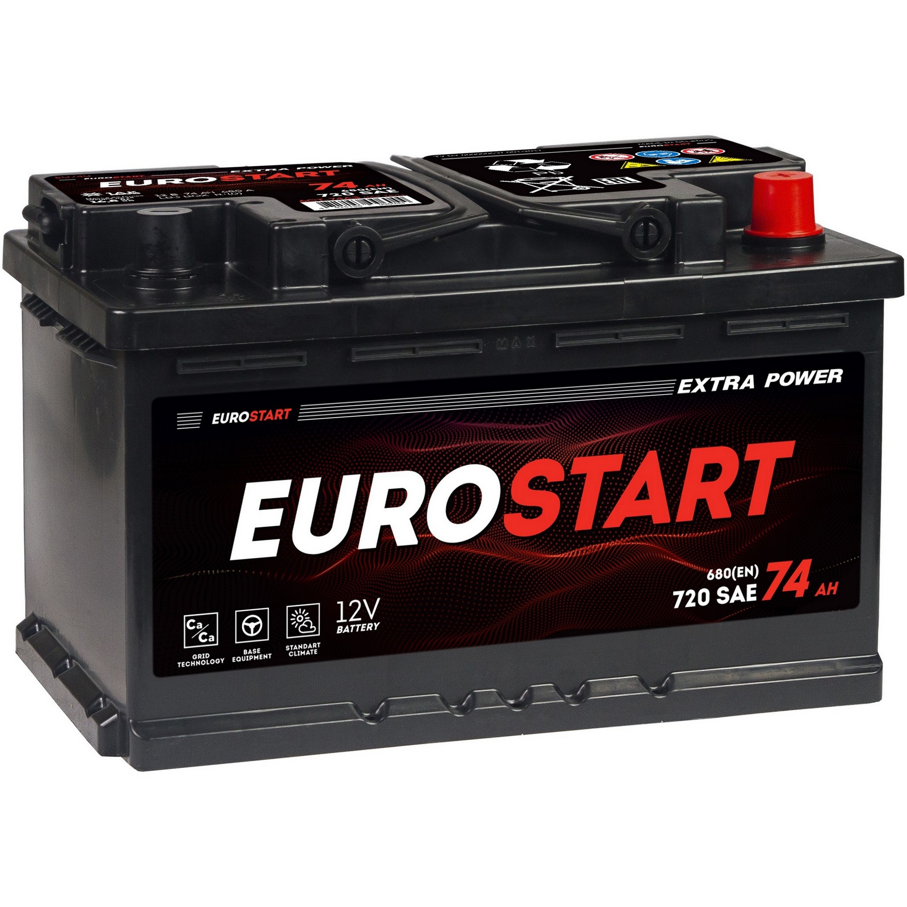 Аккумуляторная батарея EUROSTART Extra Power 74Ah R+ (низкий), 680 A, 278x175x175, Проспект Партс