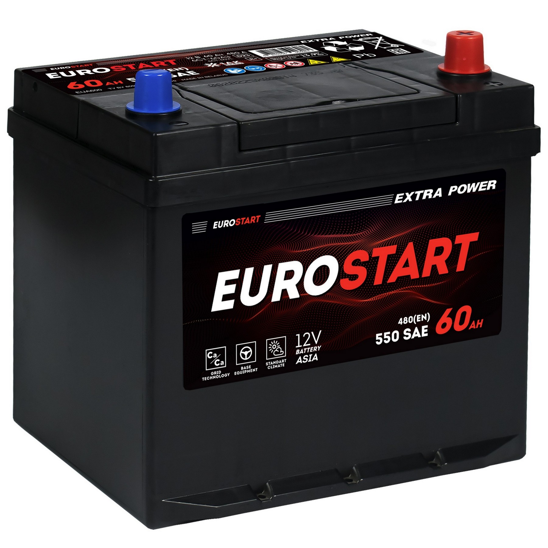 Аккумуляторная батарея EUROSTART Extra Power Asia 60Ah R+ нижний борт 480 A 230x175x220, Проспект Партс