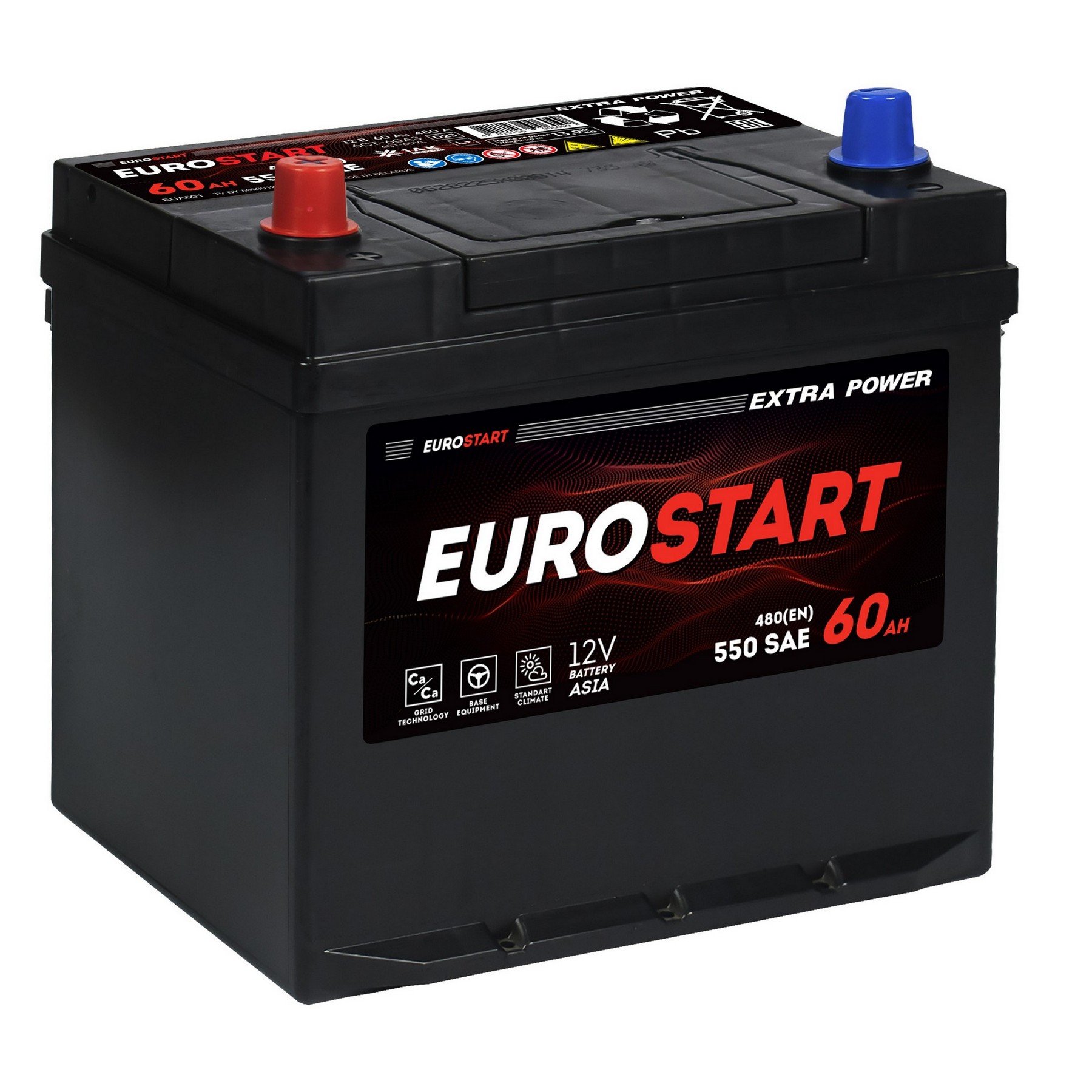 Аккумуляторная батарея EUROSTART Extra Power Asia 60Ah L+ нижний борт 480 A 230x175x220, Проспект Партс