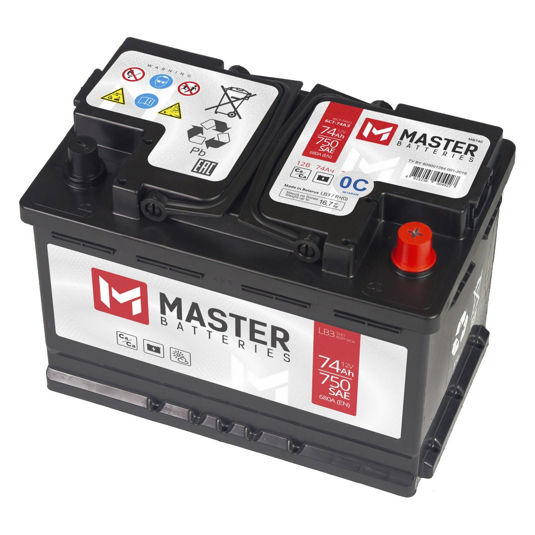 Аккумуляторная батарея MASTER BATTERIES 74Ah R+ (низкий), 680 A, 278x175x175, Проспект Партс