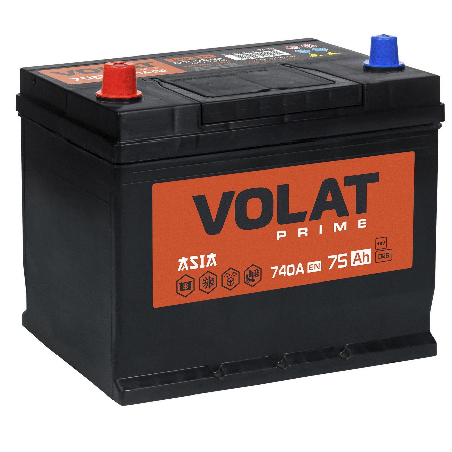 Аккумуляторная батарея VOLAT Prime Asia 75Ah L+ нижний борт 740 A 261x175x225, Проспект Партс