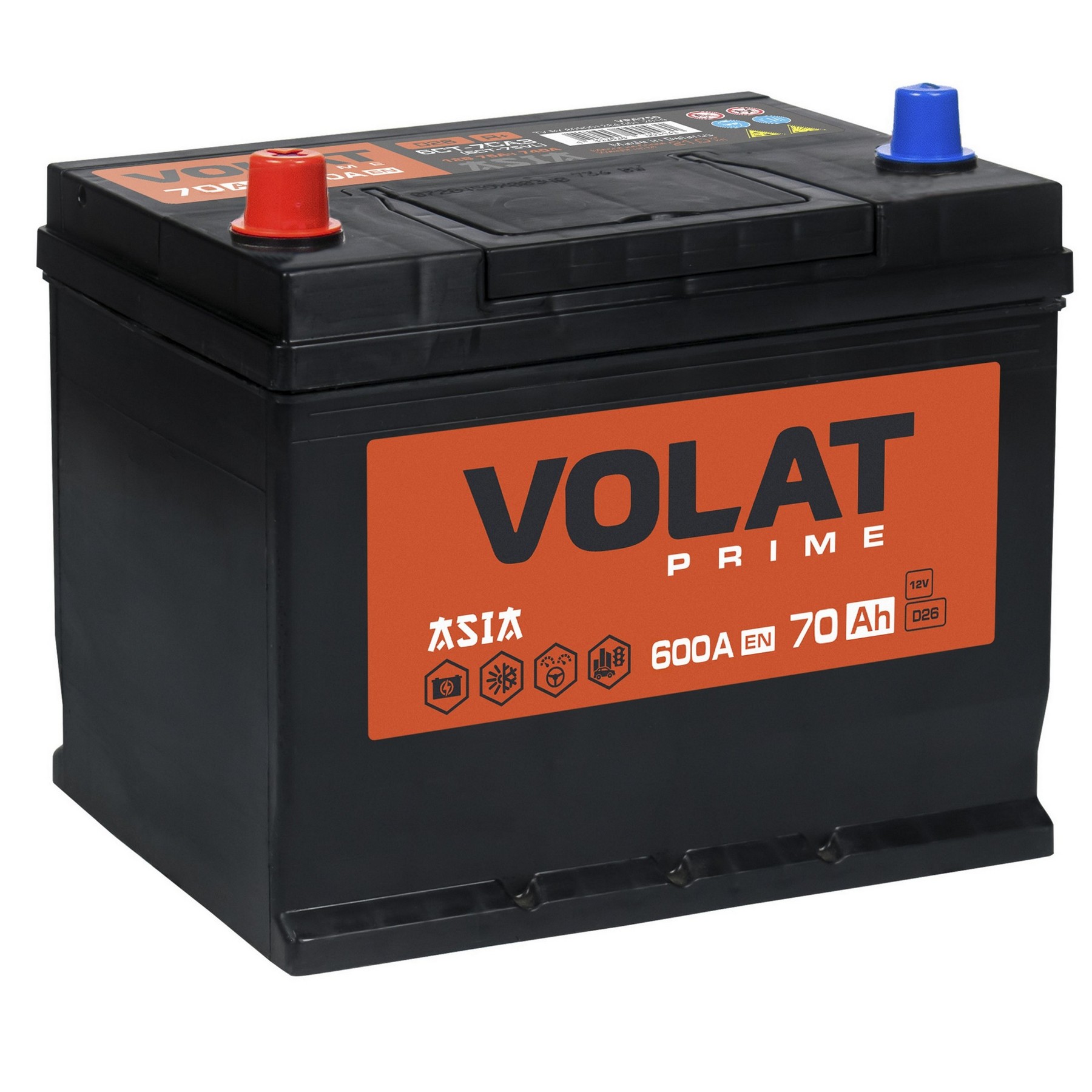 Аккумуляторная батарея VOLAT Prime Asia 70Ah L+ нижний борт 600 A 261x175x225, Проспект Партс