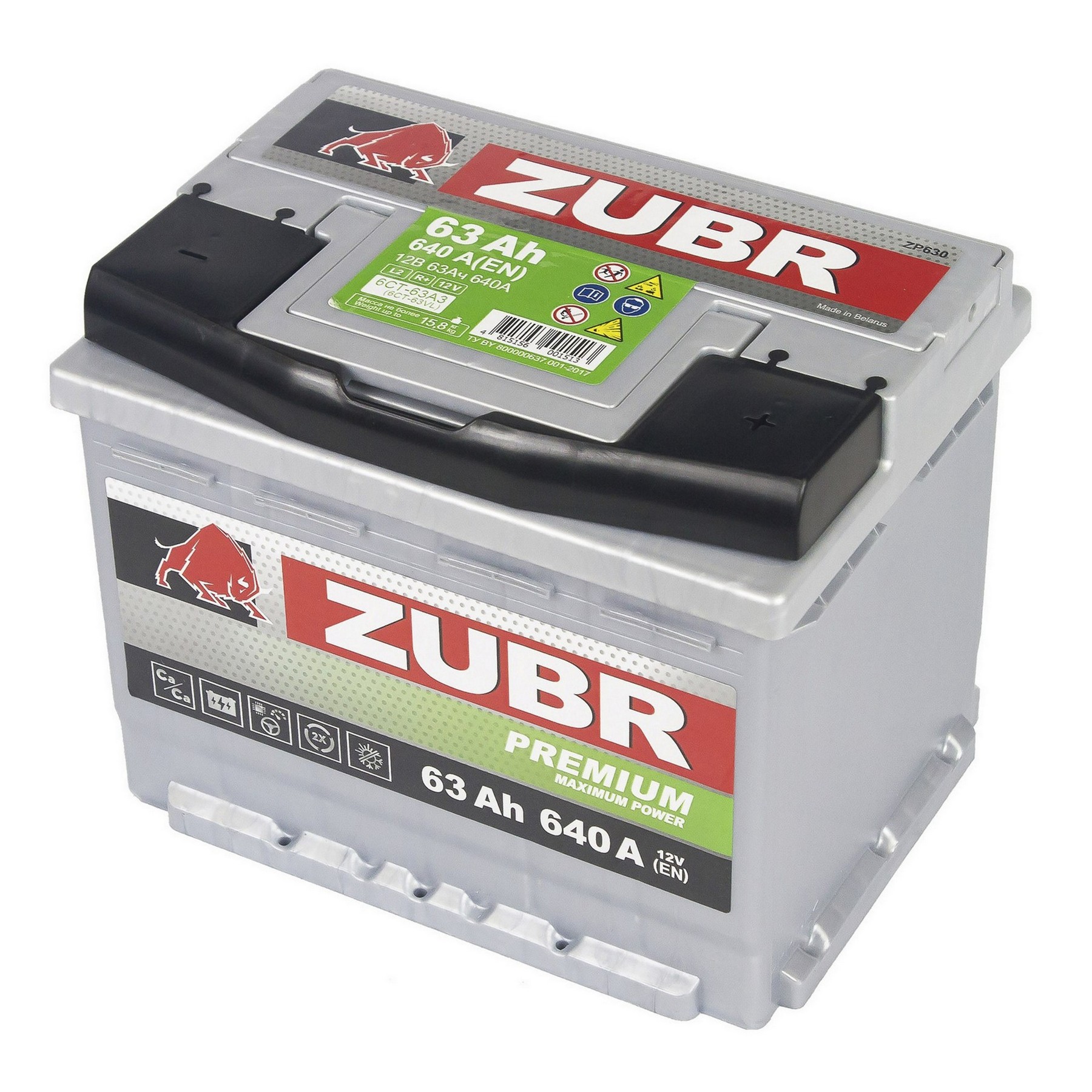 Аккумуляторная батарея ZUBR Premium 63Ah R+, 640 A, 242x175x190, Проспект Партс