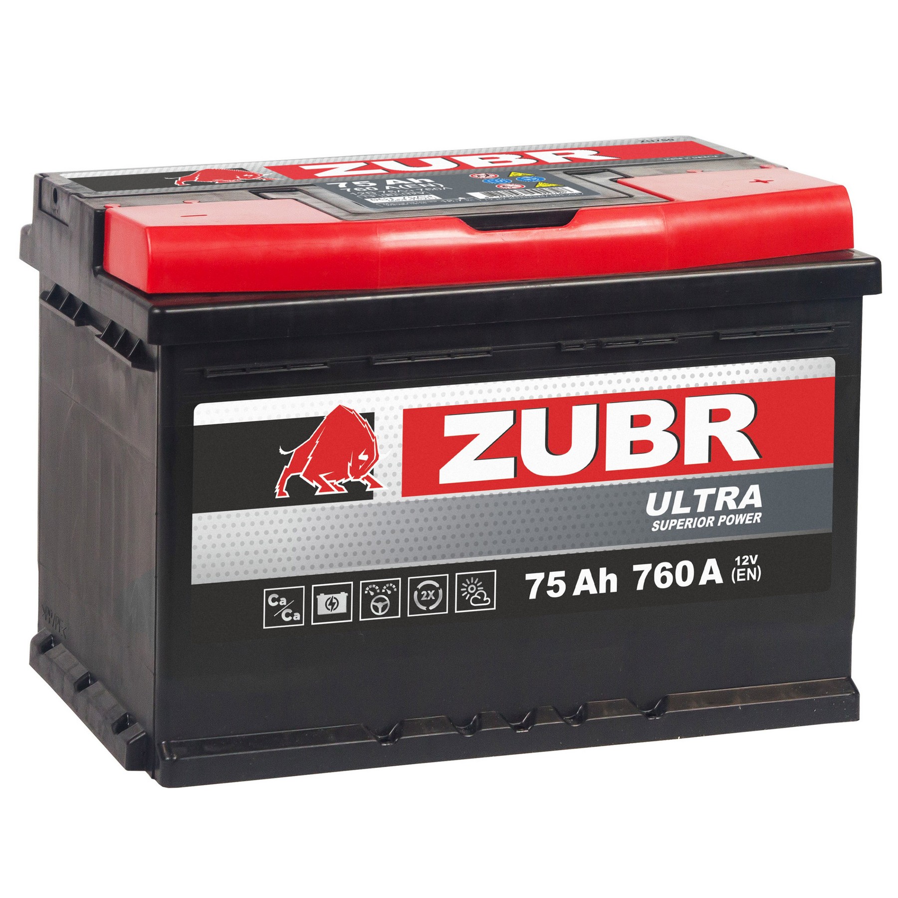 Аккумуляторная батарея ZUBR Ultra 75Ah R+, 760 A, 278x175x190, Проспект Партс